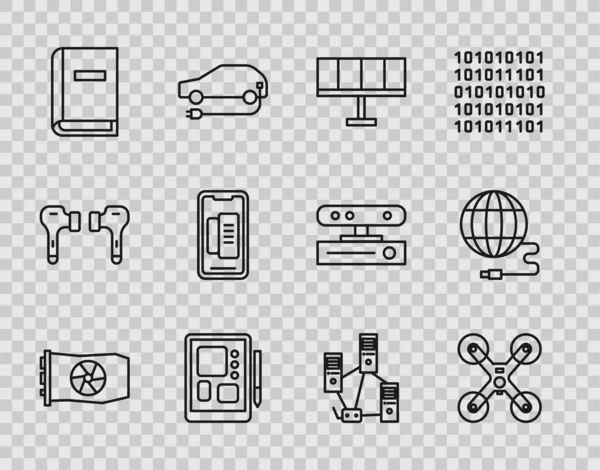 Impostare Linea Scheda Grafica Video Drone Volante Pannello Energetico Solare — Vettoriale Stock