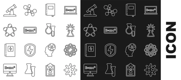 Set Line Virus Atom Tubo Ensayo Frasco Solución Ecuación Libro — Vector de stock