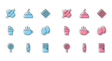 Çikolata bardaklı çikolatanın üzerine lolipop şekeri, paskalya yumurtası, dondurma ve kek ikonu. Vektör.
