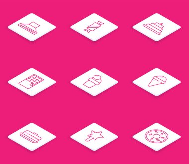 Line Kitchen vantilatörü Candy Cake 'i yanan mumlarla çikolatalı dondurma külahı ve lolipop ikonu ile ayarla. Vektör.