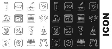 Tüpü ve matarayı ateşe verin. Petri kabını pipette kimyasal mikroskop ve periyodik tablo simgesiyle doldurun. Vektör.