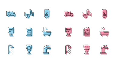 Hat, Duş Klozeti Tesisat Servisi Su musluğu temizleyici, Küvet Basınç ölçer ve Endüstri Metalik Boru Simgesi. Vektör.