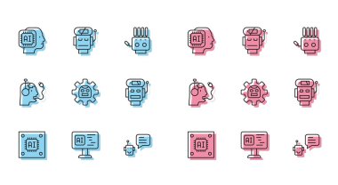 Hat işlemcisini mikro devreli CPU Yazılım İnsansı Robot Robotu düşük şarj ve ikonu ile ayarla. Vektör.