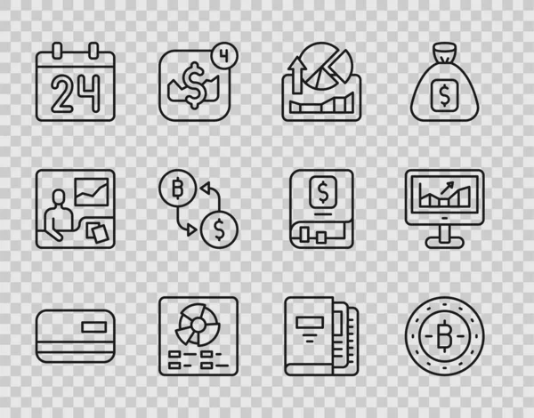 Set Line Kreditkarte Bitcoin Aktien Marktwachstum Diagramme Tortendiagramm Infografik Kalender — Stockvektor