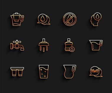 H2O Duş ve Büyük şişe temizleme ikonu için su sürahisi cam sürahi kimyasal formülü ile su filtresi bardağı ayarla. Vektör.