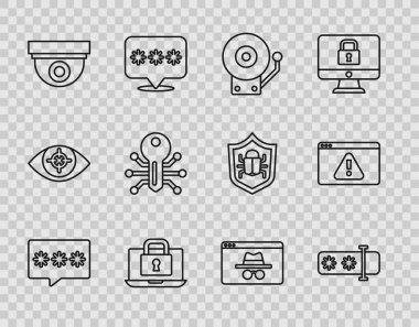 Satır Parola korumasını ayarla. Alarm zili dizüstü bilgisayarını çal ve güvenlik kamerasını kilitle. Akıllı anahtar tarayıcı takma ad penceresi ve ünlem işareti simgesi ile. Vektör.