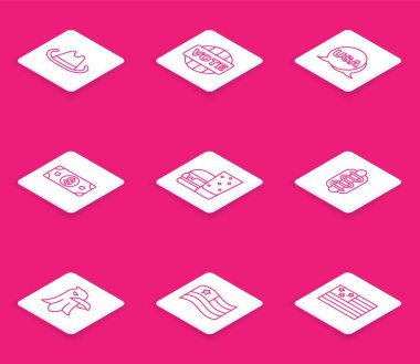 Batılı kovboy şapkası Amerika 'nın Bağımsızlık Günü' ne oy verin. Kağıt para, Burger Hotdog Sandviç Kartalı ve Amerikan bayrak ikonu. Vektör.