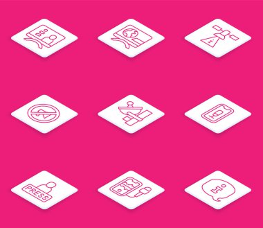 Son dakika haber bülteni, Radar Mobil damgalı uydu sansürlü basın sözcüsü ve simgesi. Vektör.