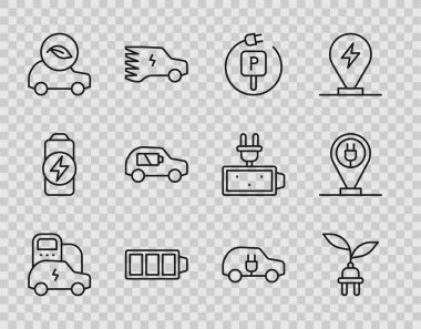Elektrikli araba tasarruf prizini yaprak şarj eden elektrik pili şarjı Eco ve simgesine ayarla. Vektör.