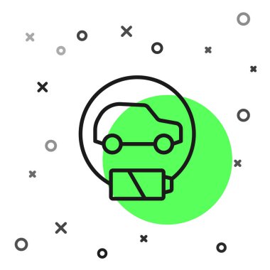 Siyah çizgi elektrikli araba ve elektrik kablosu şarj ikonu beyaz arka planda izole edildi. Yenilenebilir ekolojik teknolojiler. Vektör.