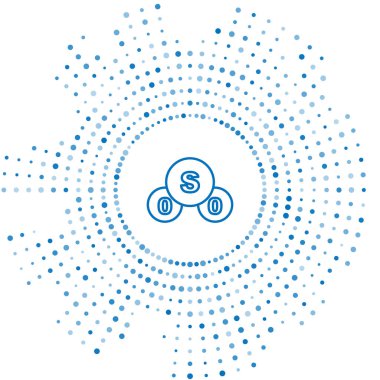 Beyaz zemin üzerinde mavi çizgi sülfür dioksit SO2 gaz molekül ikonu izole. Yapısal kimyasal formül ve molekül modeli. Soyut çember rastgele noktalar. Vektör.