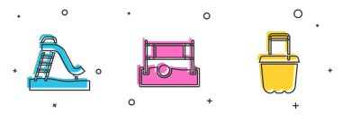 Kid 'i kaydır, voleybol topu ve kova ikonunda kum. Vektör.