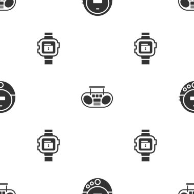 Müzik CD çaları, iki hoparlörlü ev teybi ve bilek saatini pürüzsüz şekilde ayarla. Vektör.