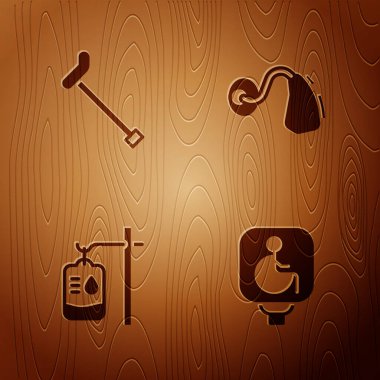 Set Disabled wheelchair, Walking stick cane, IV bag and Hearing aid on wooden background. Vector.