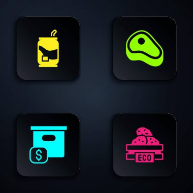 Set Wooden box for fruits, Soda can, Carton cardboard with price and Steak meat. Black square button. Vector.