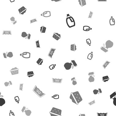 Temizlik malzemesi için şişe, sabun köpüklü leğen, su püskürtme şişesi ve dikişsiz desenli ısı akışı ayarlayın. Vektör.