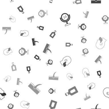 Set Hand mirror Bottle of shampoo Mustache beard and Human hair follicle on seamless pattern. Vector.