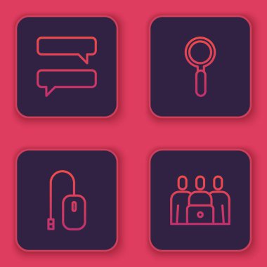 Konuşma baloncuğu sohbetini, bilgisayar faresini, büyüteci ve online sınıfı ayarla. Mavi kare düğme. Vektör.