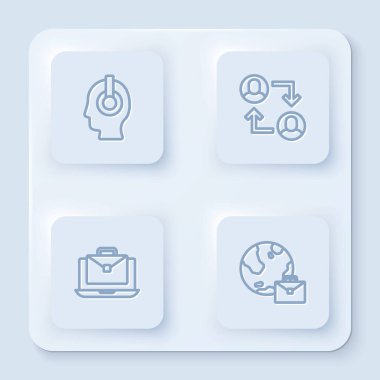 Freelancer hattı, Proje ekibi üssü, online çalışma ve... Beyaz kare düğme. Vektör.