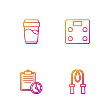 İp atlama, spor eğitim programı, su ve banyo terazili cam. Renk simgeleri. Vektör.