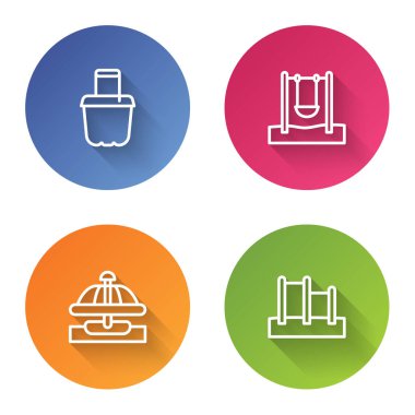 Kum kovası, salıncak, atlıkarınca ve yatay çubuğu. Renkli daire düğmesi. Vektör.