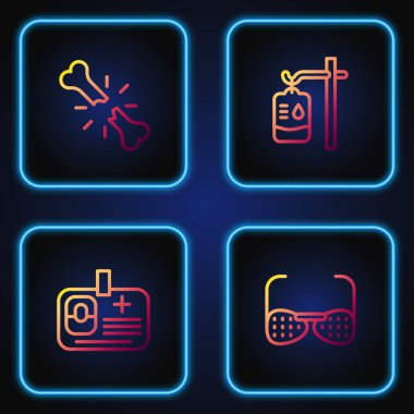 Set line Blind glasses, Identification badge, Human broken bone and IV bag. Gradient color icons. Vector.