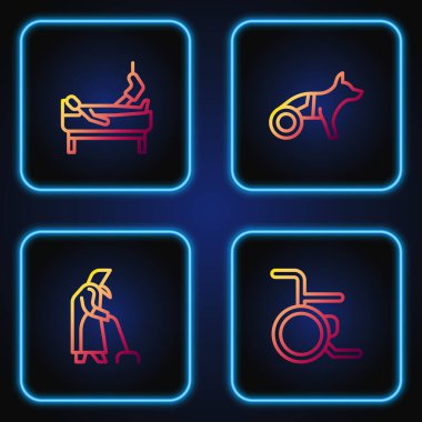 Set line Wheelchair, Grandmother, Patient with broken leg and Dog in wheelchair. Gradient color icons. Vector.