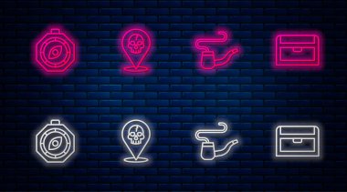 Hat hattı korsanı, sigara piposu, pusula ve antika hazine sandığı. Tuğla duvarda parlayan neon simgesi. Vektör.
