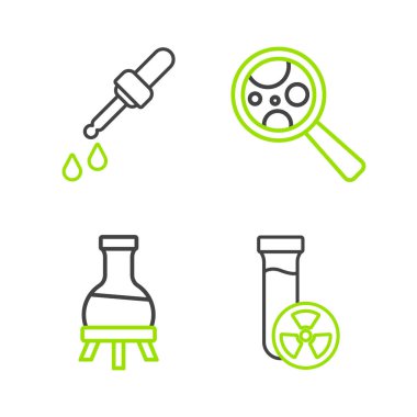 Test tüpünü zehirli sıvı mikroorganizmalarla büyüteç ve Pipette simgesinin altına yerleştir. Vektör.