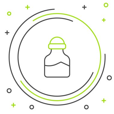 Beyaz arkaplanda izole edilmiş çizgi baharat kutusu simgesi. Baharat koleksiyonu. Baharat, cam kutunun içindeki baharatlar. Renkli taslak konsepti. Vektör.