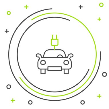 Elektrik hattı arabası ve elektrik kablosu şarj ikonu beyaz arka planda izole edildi. Yenilenebilir ekolojik teknolojiler. Renkli taslak konsepti. Vektör.