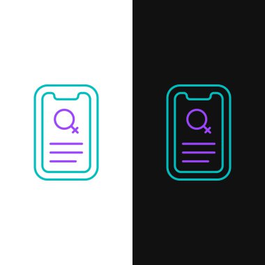 Satır Bulma uygulaması çevrimiçi mobil konsept simgesi beyaz ve siyah arkaplanda izole edildi. Kadın erkek profili düz tasarım. Çift ilişki için eşleşiyor. Renkli taslak konsepti. Vektör.