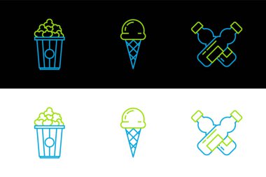 Çizgiyi aşmış karton kutuda patlamış mısır şişesi ve dondurma külahı ikonu. Vektör.