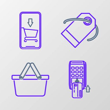 Set line Pos terminal with inserted credit card Shopping basket Blank label template price tag and Mobile phone and shopping cart icon. Vector.