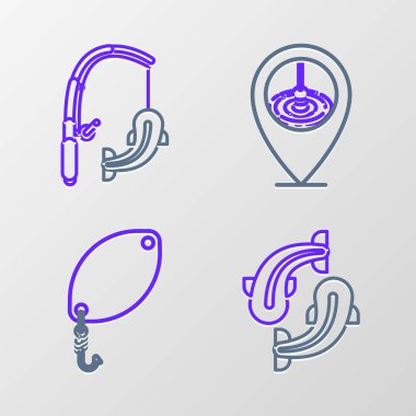 Balıkçı kaşığı oltası, olta ve simge çekme hattını ayarlayın. Vektör.