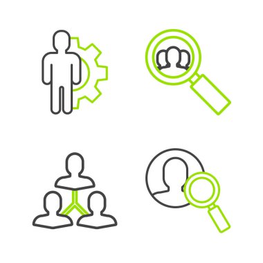 Set line Magnifying glass for search a people Project team base and Human with gear inside icon. Vector.