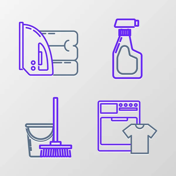 Set Line Waschmaschine Und Shirt Wischmopp Reinigungssprühflasche Mit Spülmittel Flüssigkeit — Stockvektor