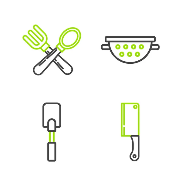 Set Line Meat Chopper Spatula Kitchen Colander Crossed Fork Spoon — Stock Vector
