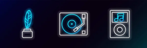 Музичний Програвач Feather Inkwell Vinyl Іконою Вінілового Диску Освітіння Неону — стоковий вектор