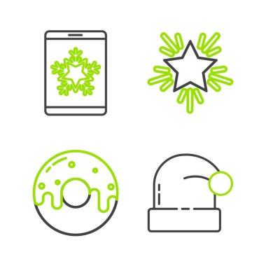 Noel Baba şapkalı tatlı yıldızlı, akıllı telefonlu ve kar tanesi ikonlu donut. Vektör.