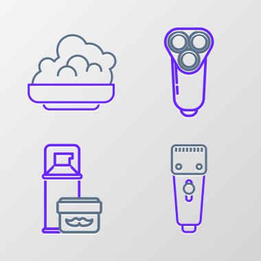 Erkekler ve ikonlar için elektrikli saç makasıyla tıraş makinesi ya da tıraş jölesi traş bıçağı ayarlayın. Vektör.