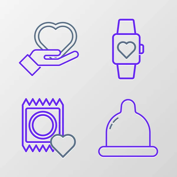 Set Line Condom Package Heart Center Wrist Watch Hand Icon — Stockvektor