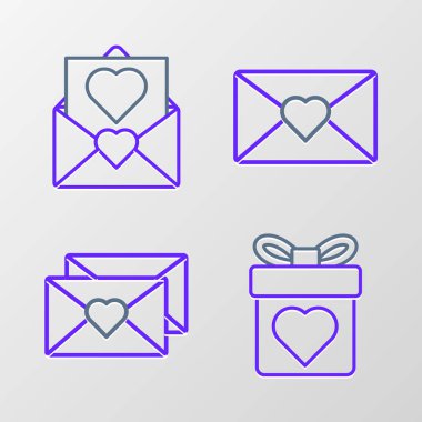 Hediye kutusunu kalp zarfı ve ikon ile ayarla. Vektör.