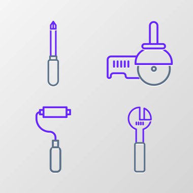 Satırı ayarla, ayarlanabilir İngiliz anahtarı fırça fırçası, açıölçer ve tornavida simgesi. Vektör.