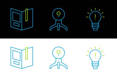 Fikir kavramına sahip çizgi lambası Açık kitap ve Web kamera ikonu. Vektör.