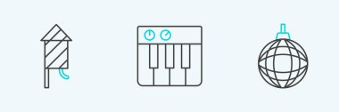 Set line Disco ball Firework rocket and Music synthesizer icon. Vector.