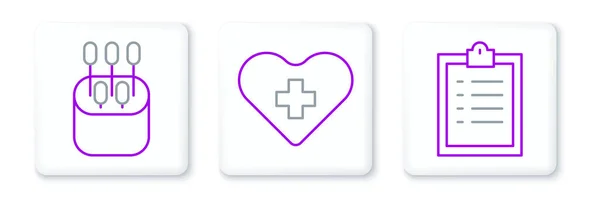 Set Line Clipboard Checklist Cotton Swab Ears Heart Cross Icon — Vetor de Stock
