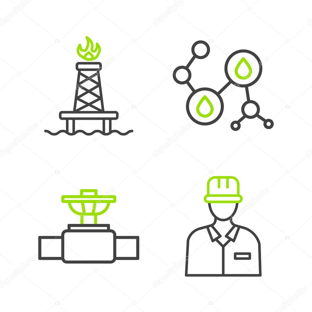 Set line Oilman Industry pipe and valve Molecule oil and rig with fire icon. Vector.