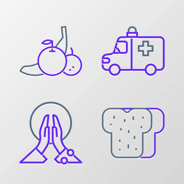 Set Line Bread Toast Meditation Ambulance Emergency Car Fruit Icon — ストックベクタ