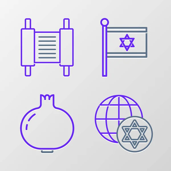 Установить Линию World Globe Израиль Гранат Флаг Тора Прокрутки Значок — стоковый вектор
